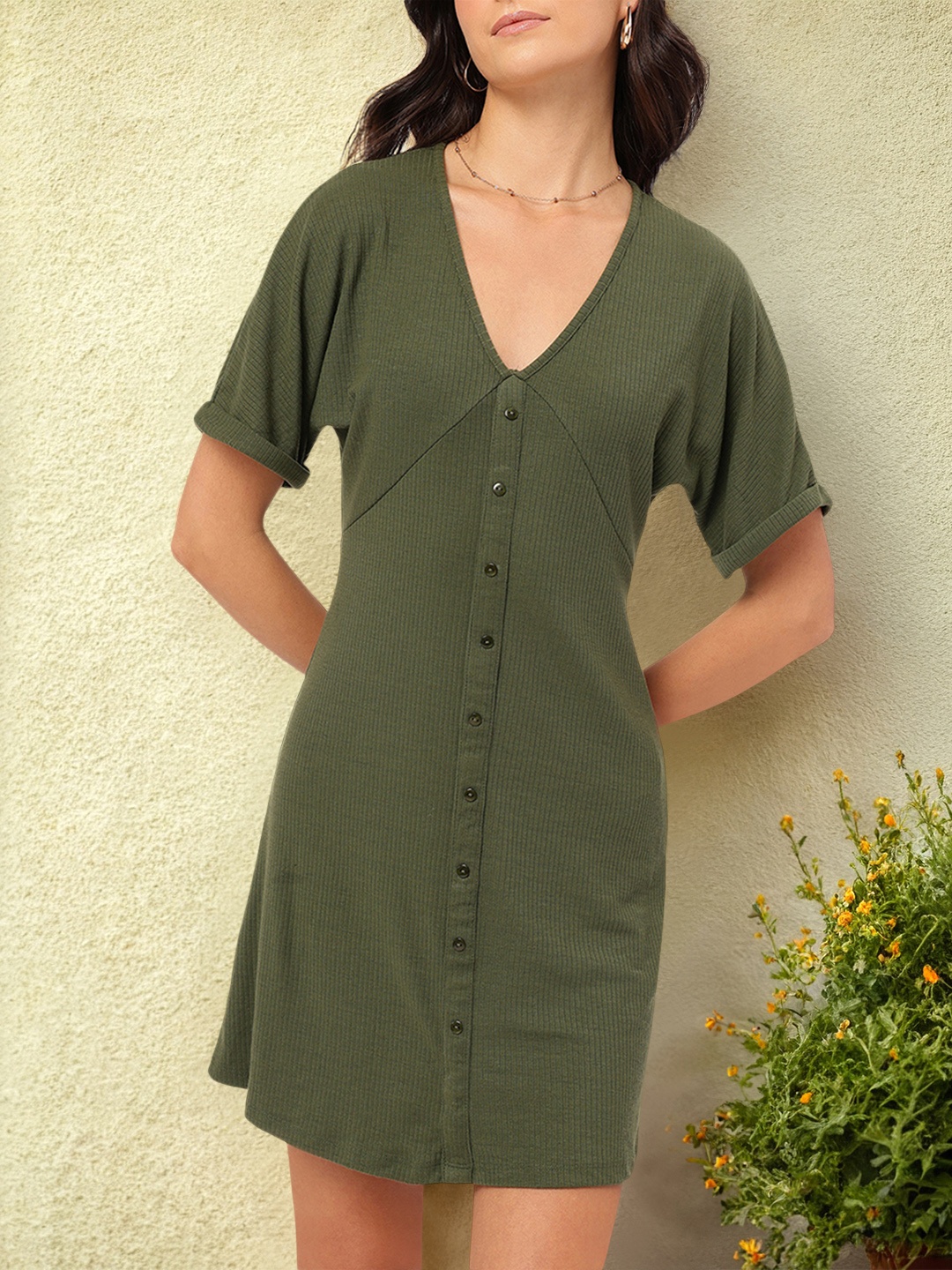 

DressBerry Elegant Essense Ribbed Empire Dress, Olive