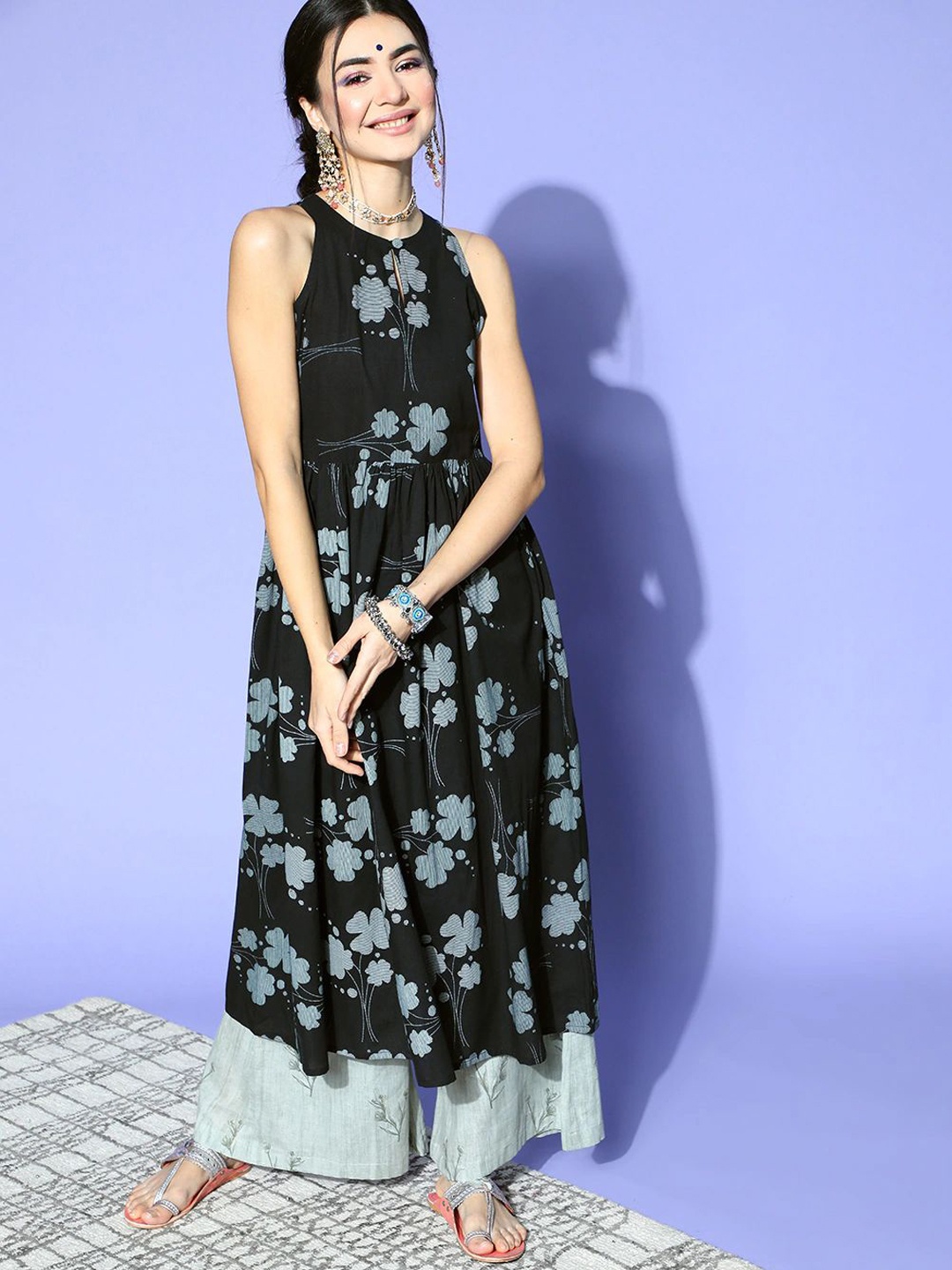 

KALINI Floral Printed Keyhole Neck Cotton A-Line Kurta, Black