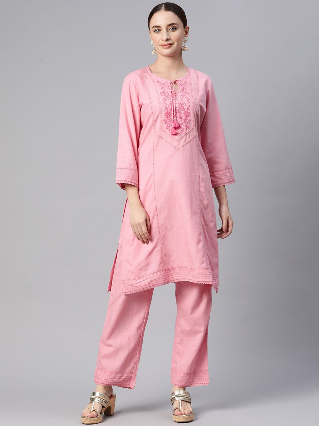 

Nayam By Lakshita Floral Embroidered Straight Kurta With Palazzos, Pink