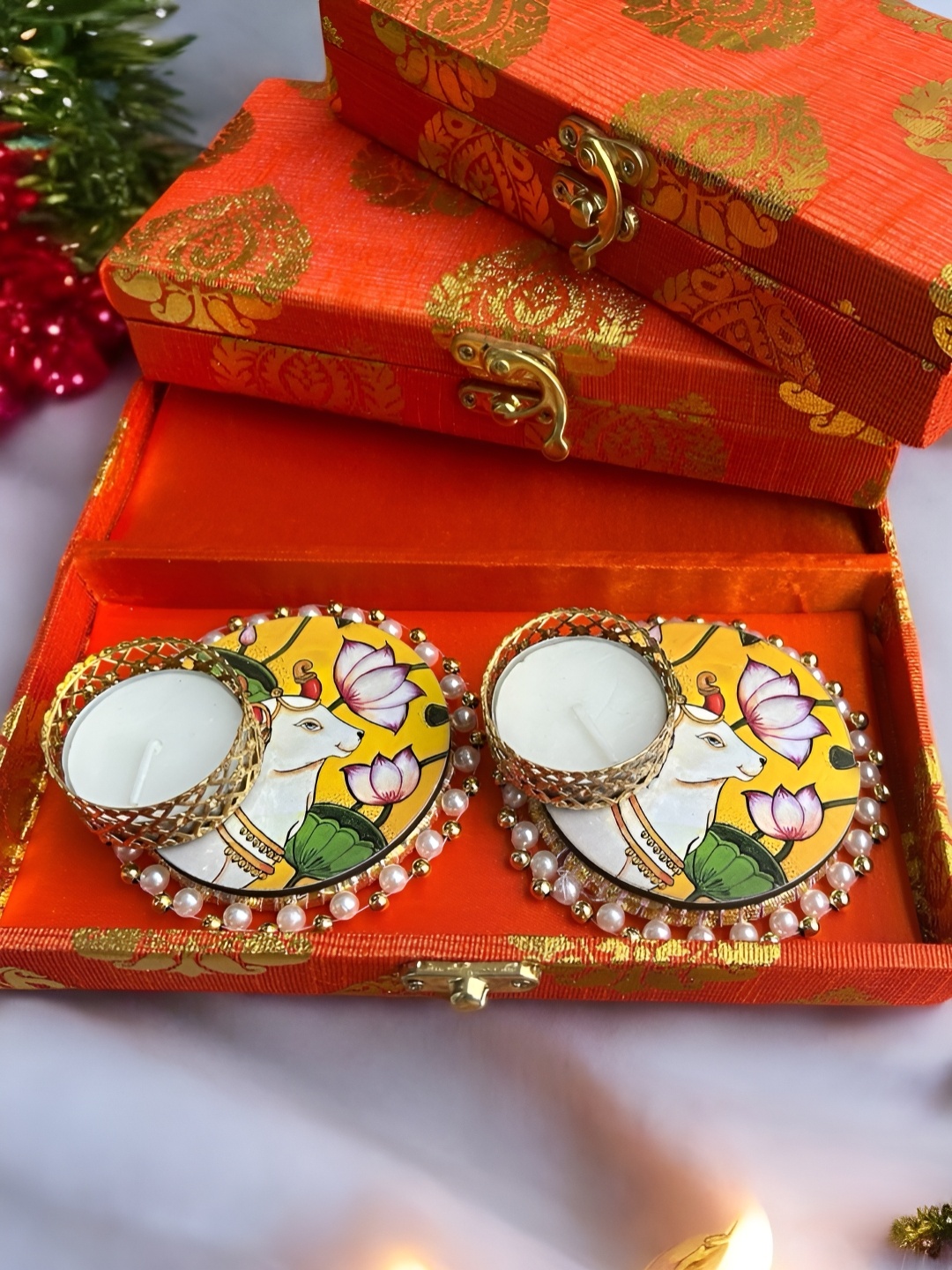 

PLAYFUL STITCHES Orange 2 Pieces Gift box with candle holders for Diwali gifting