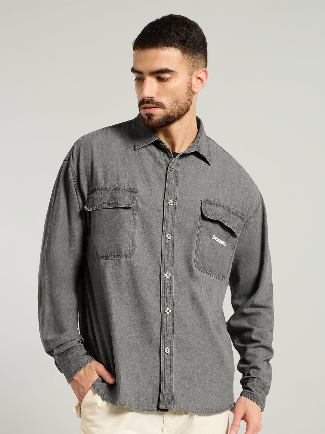 

Beyoung Men Cuban Collar Solid Cotton Casual Shirt, Grey