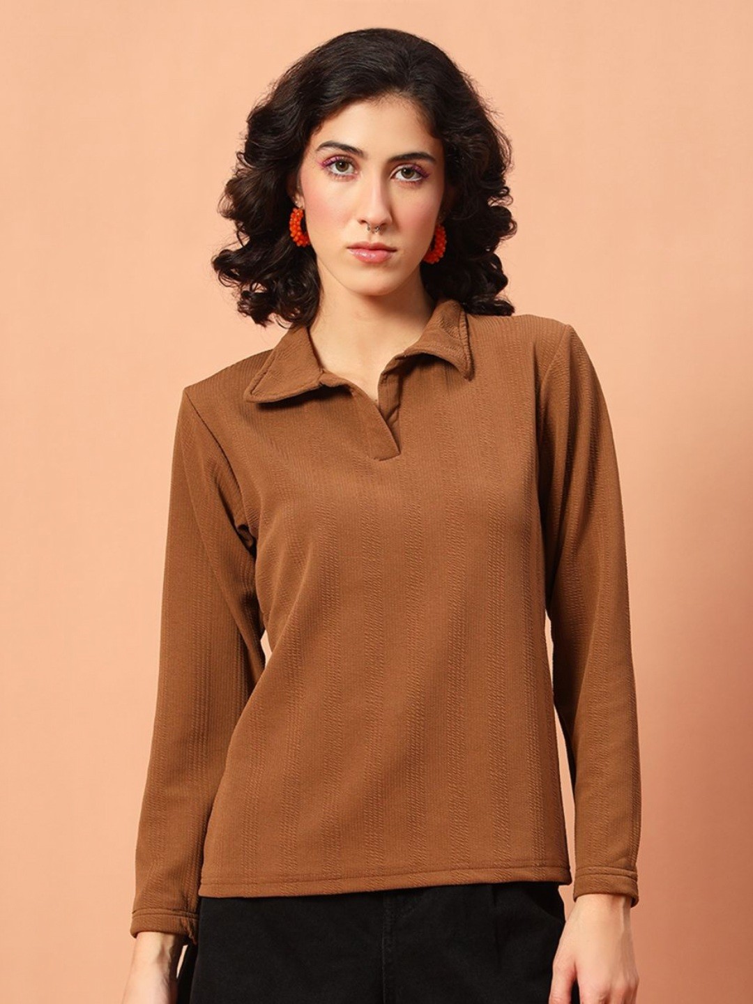 

The Dry State Women Solid Polo Collar T-shirt, Brown