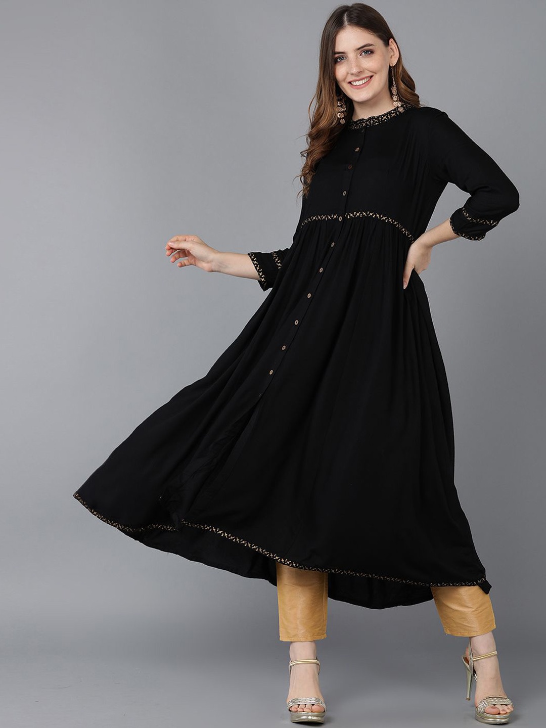 

AHIKA Black Geometric Embroidered Mandarin Collar A-Line Kurta