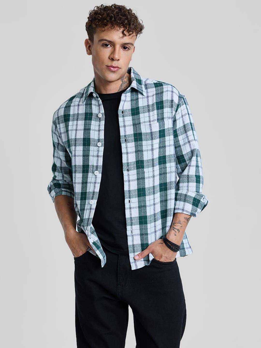

Snitch Men Smart Spread Collar Tartan Checked Cotton Casual Shirt, Green