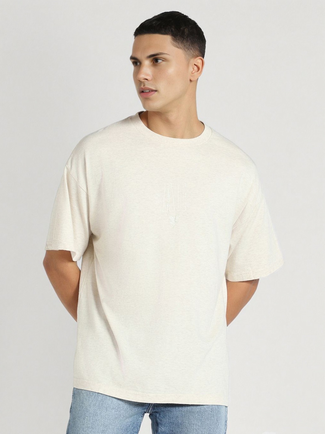 

AMERICAN EAGLE OUTFITTERS Men Solid Round Neck Cotton Oversized T-shirt, White