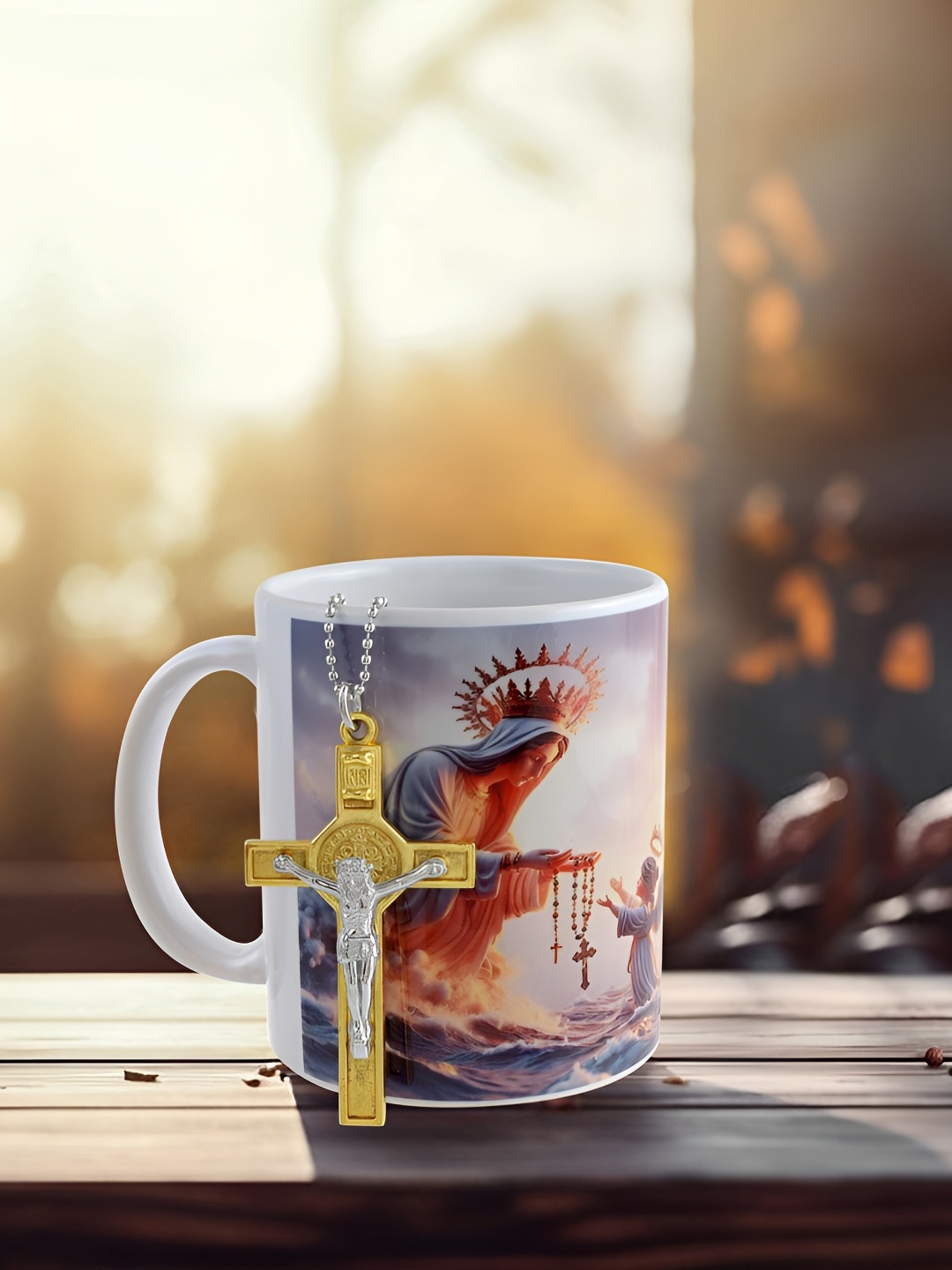 

MEMOIR 2 Pcs Opalware Angel Guardian Coffee Mug With Jesus Cross Pendant, White