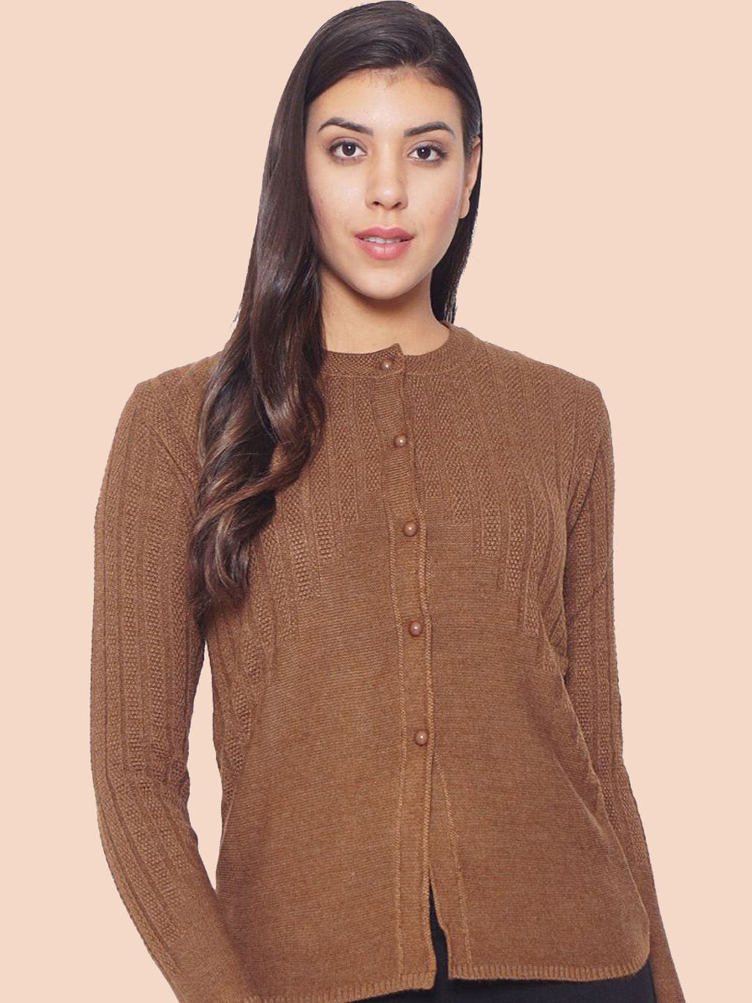 

CLAPTON Women Cable Knit Woollen Cardigan, Brown