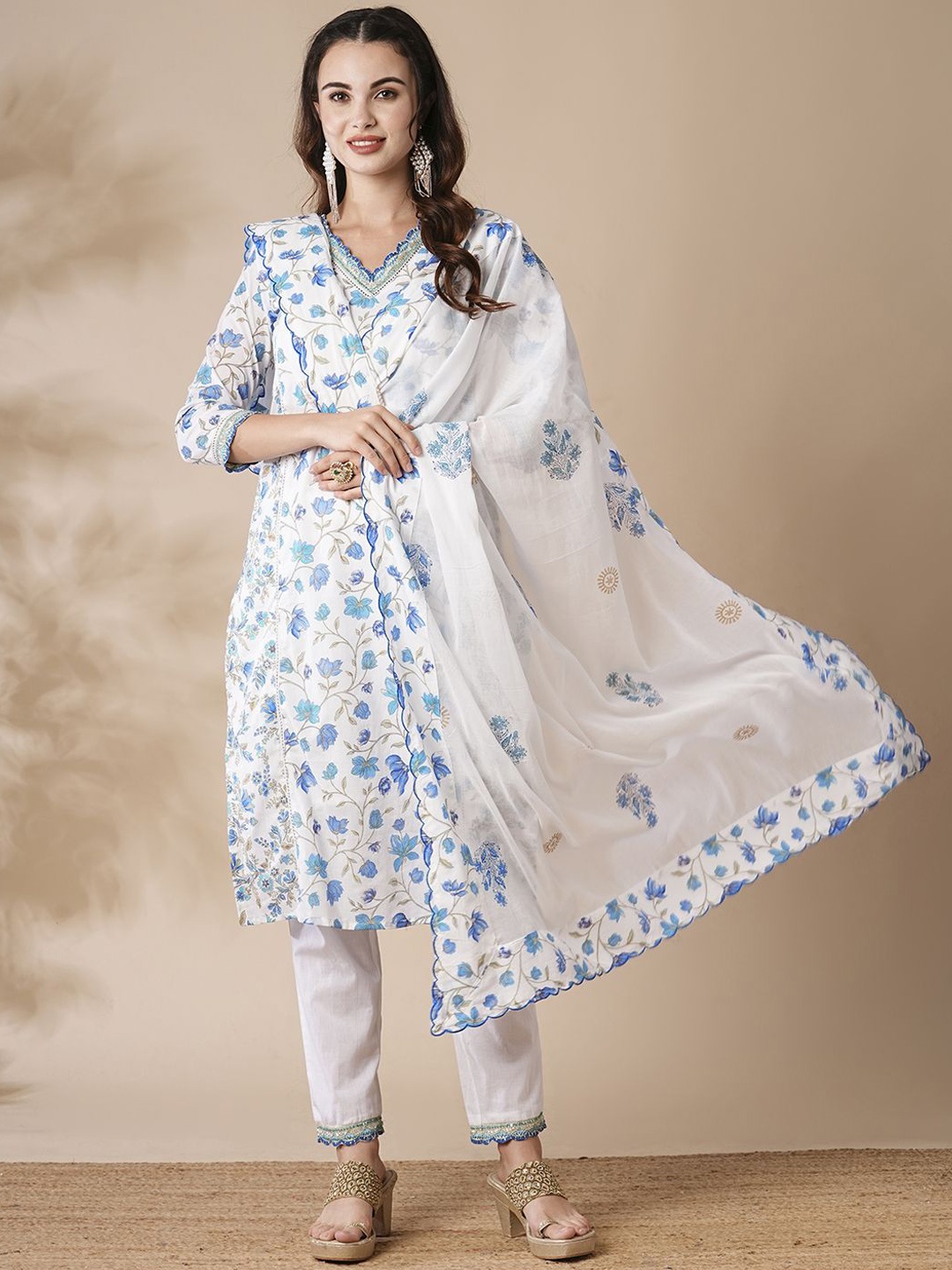 

FASHOR Floral Printed Straight Thread Work Pure Cotton Kurta with Trousers & Dupatta, White