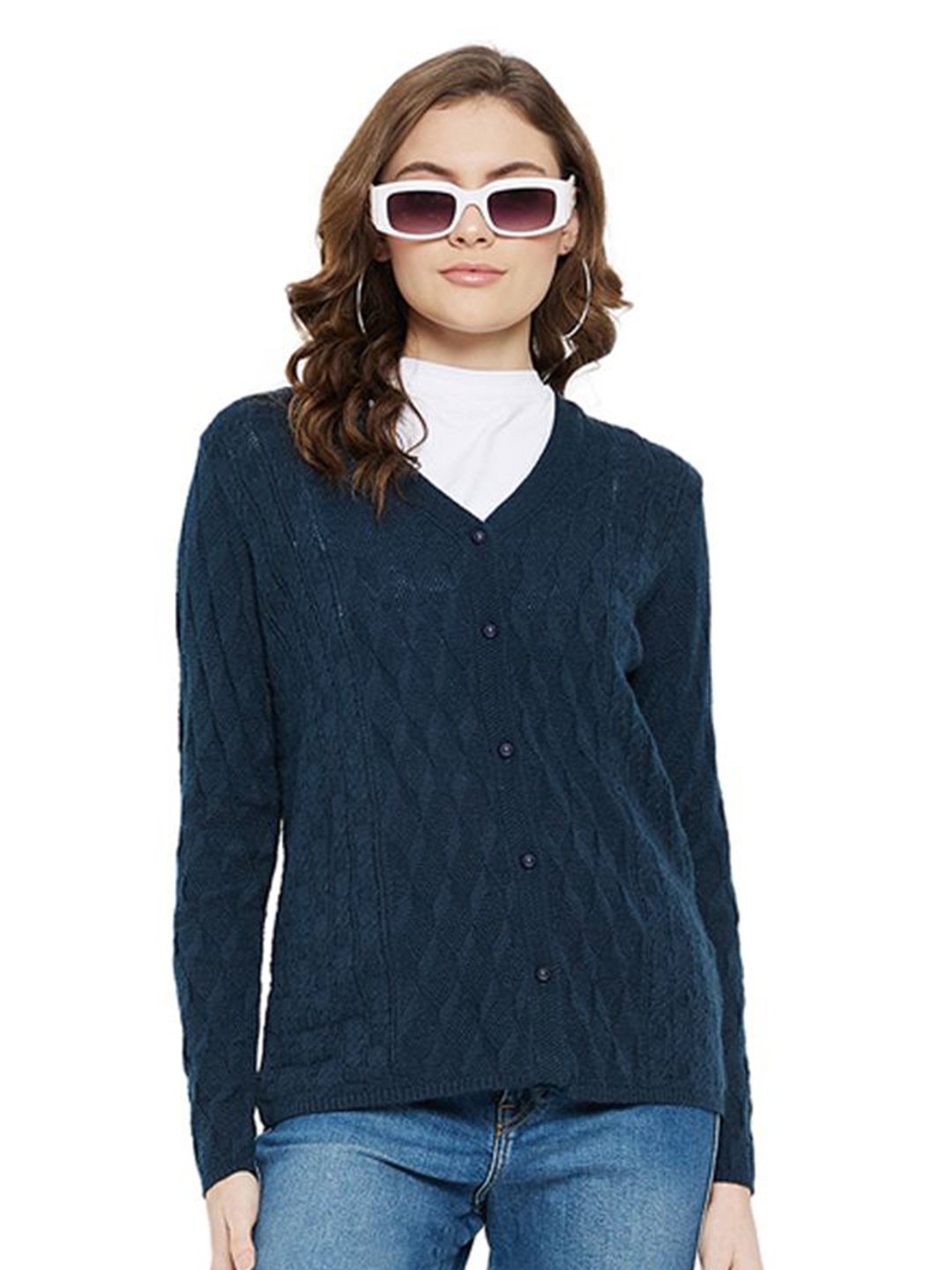 

CLAPTON Women Cable Knit Woollen V- Neck Cardigan Sweater, Green