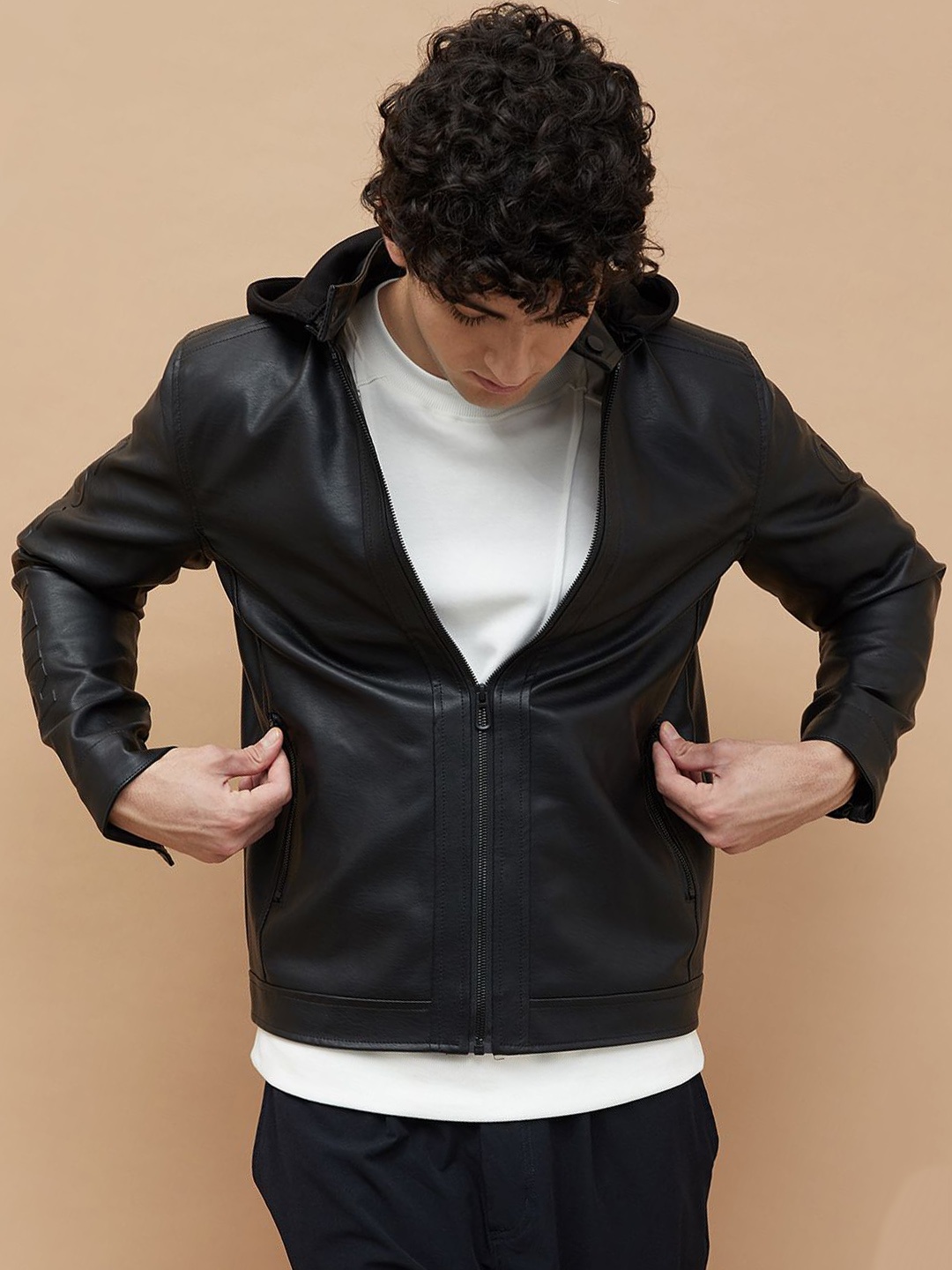 

Forca Men Hooded Solid Casual Leather Jacket, Black