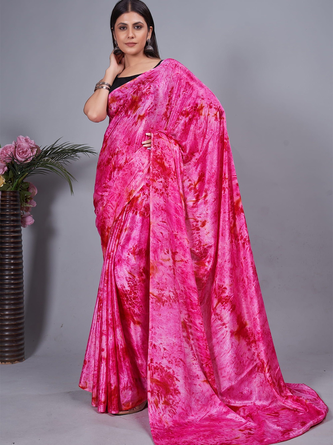 

V3 FASHION STUDIO Tie and Dye Pure Chiffon Ready to Wear Saree, Pink