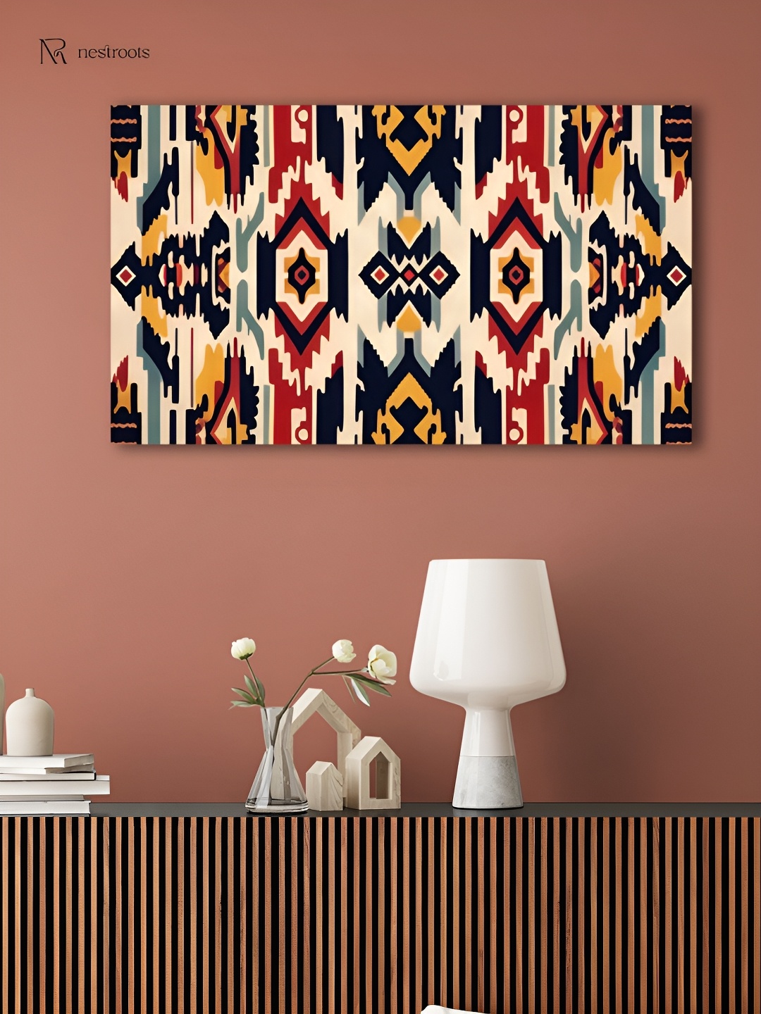 

nestroots Cream & Black Traditional Ikat Printed Canvas Wall Art, Red