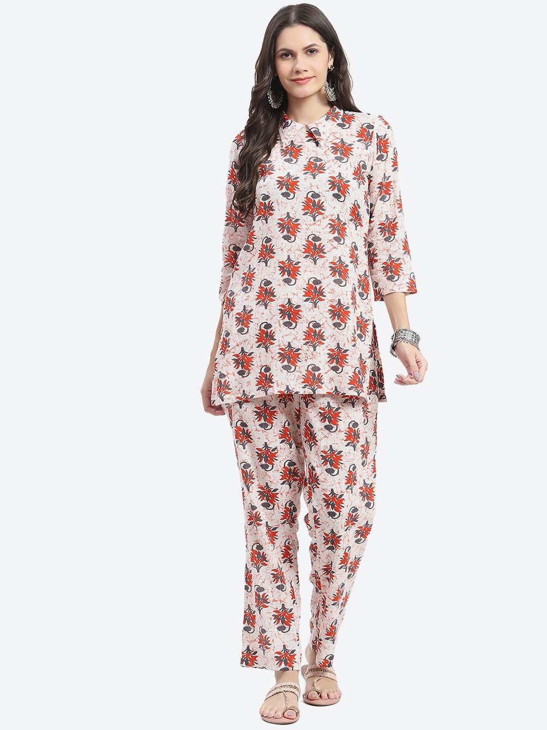 

Kurti's by Menka Floral Printed Shirt Collar Pure Cotton Top With Trouser, White