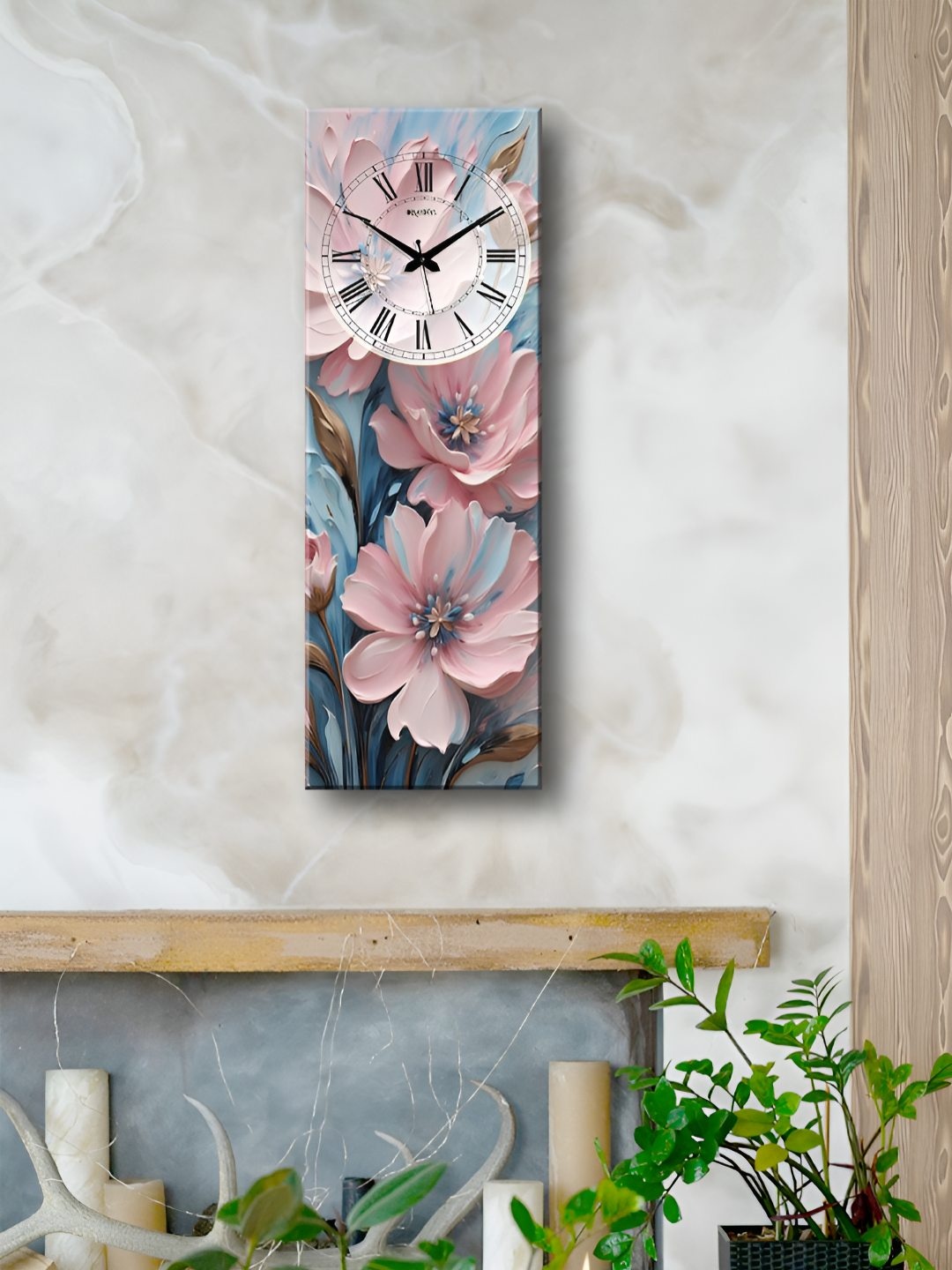 

OLIVE TREE Peach-Coloured & Blue Printed Wooden Contemporary Analogue Wall Clock