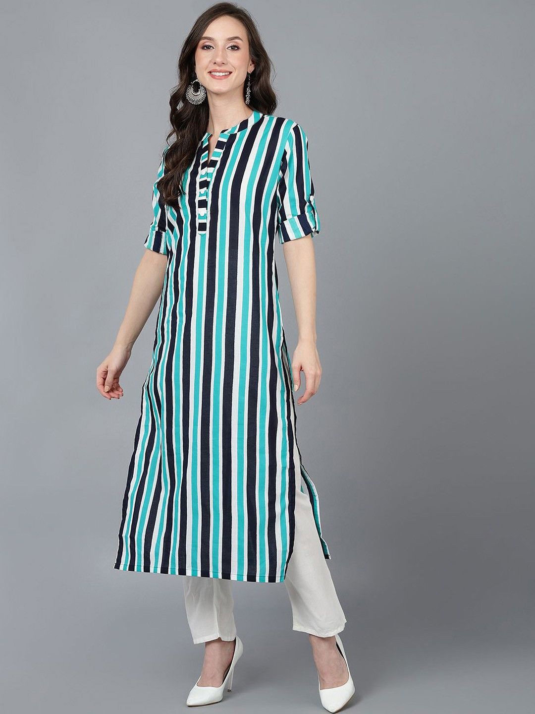 

AHIKA Striped Mandarin Collar Cotton Straight Kurta, Blue