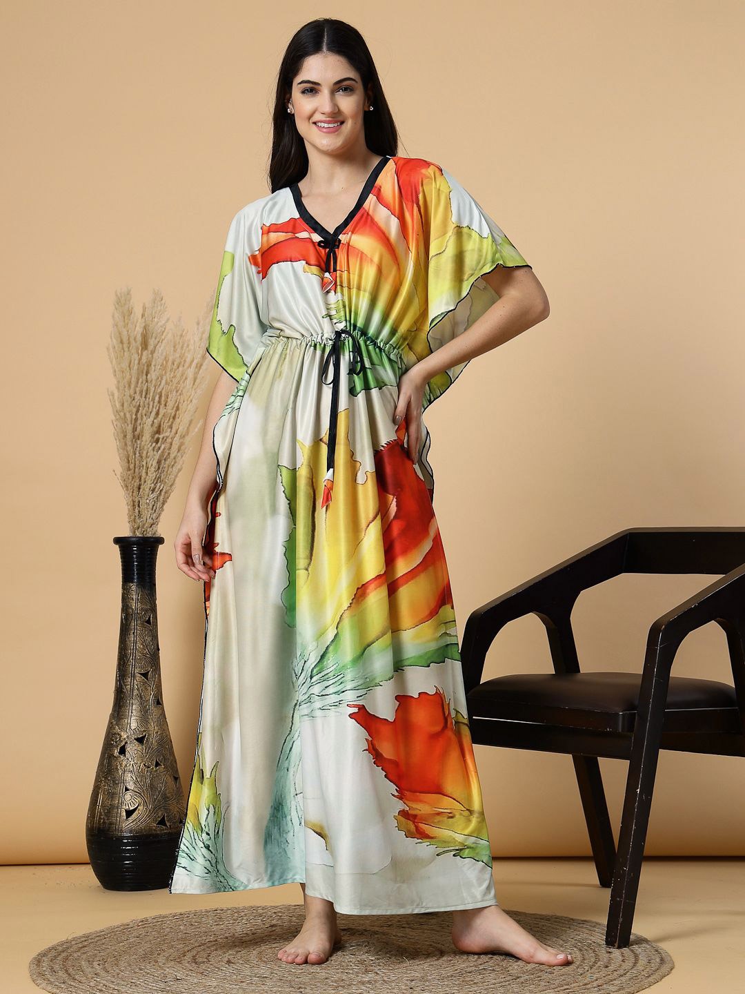 

FABINALIV Women Printed Maxi Kaftan Nightdress, Orange