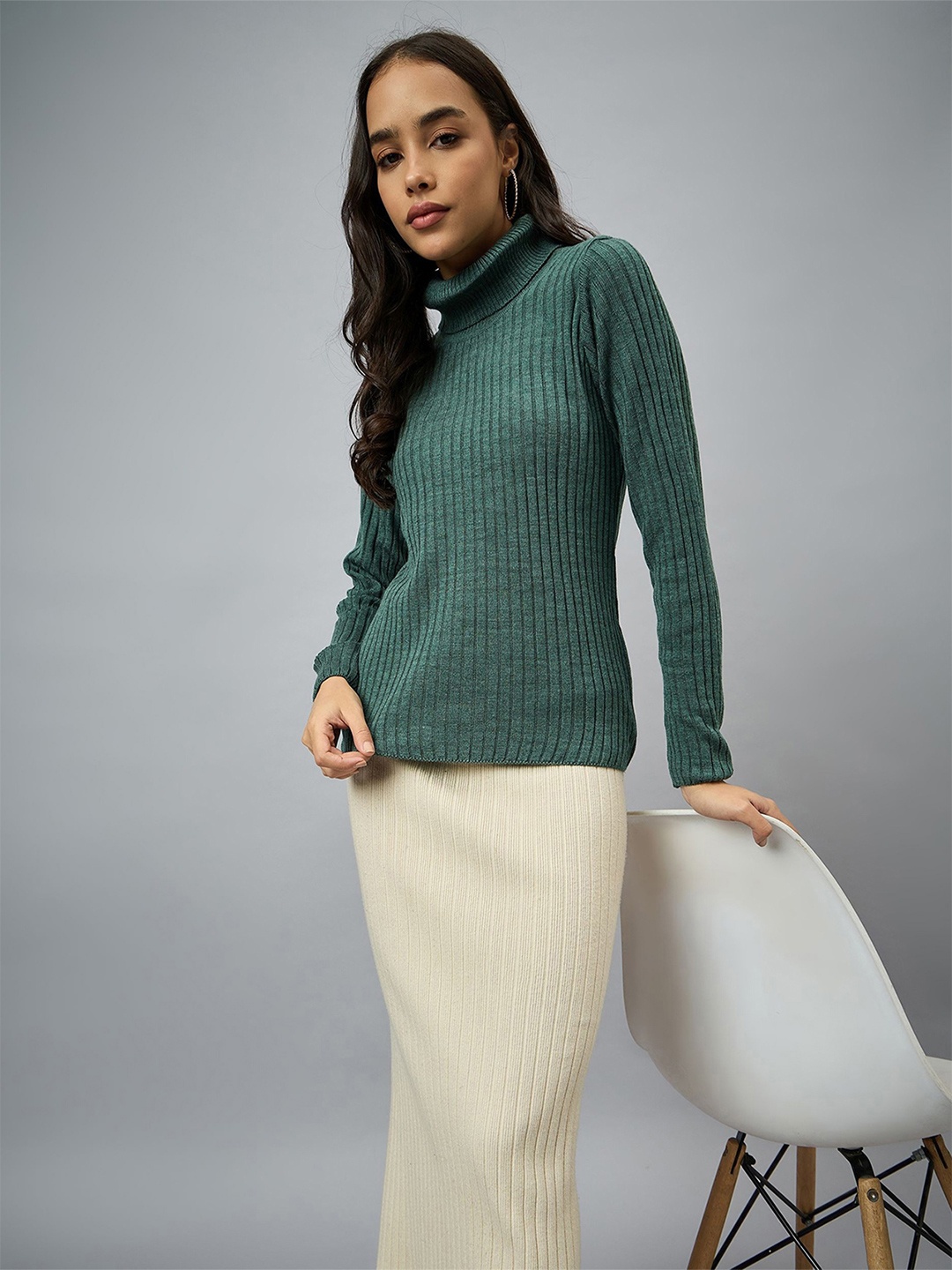 

Club York Women Turtle Neck Long Sleeves Ribbed Casual Pullover, Green