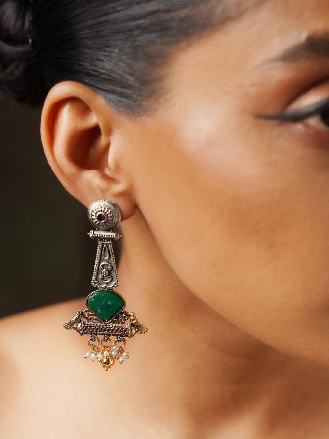 

ABDESIGNS Gold-Plated Stone Studded & Beaded Classic Drop Earrings