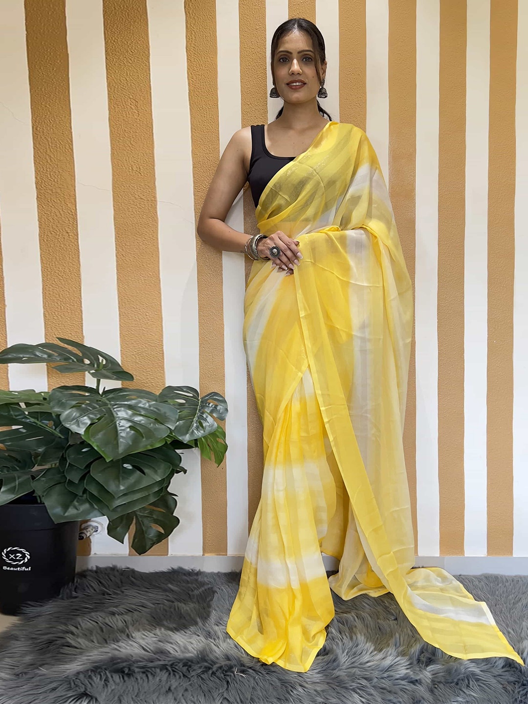 

V3 FASHION STUDIO Tie And Dye Pure Chiffon Ready to Wear Saree, Yellow