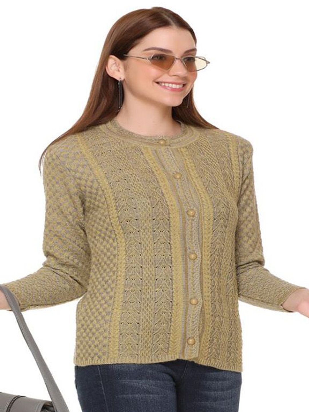 

CLAPTON Women Self Design Cable Knit Woollen Cardigan, Gold
