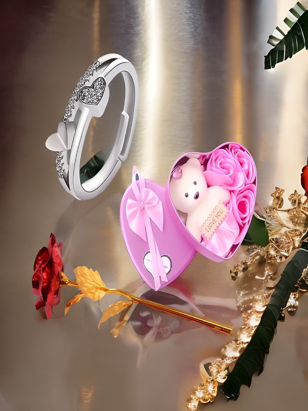 

UNIVERSITY TRENDZ Silver Toned & Pink Ring & Teddy With Red Rose Valentine's Day Gift Set