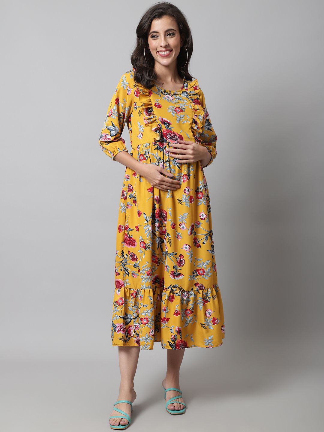 

Frempy Women Floral Print Bishop Sleeve Ruffled Maternity A-Line Maxi Dress, Yellow