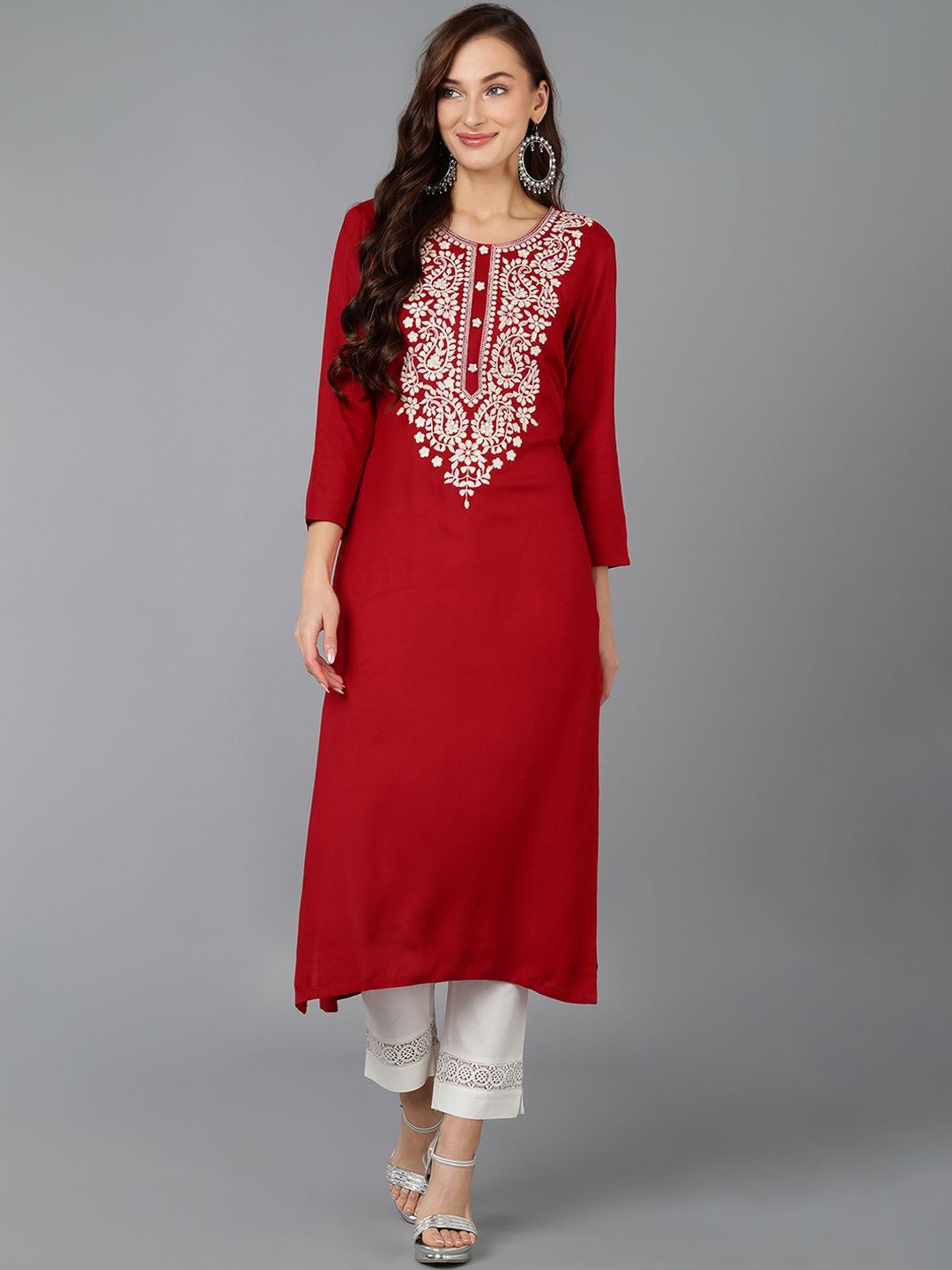 

AHIKA Floral Embroidered Straight Kurta, Red