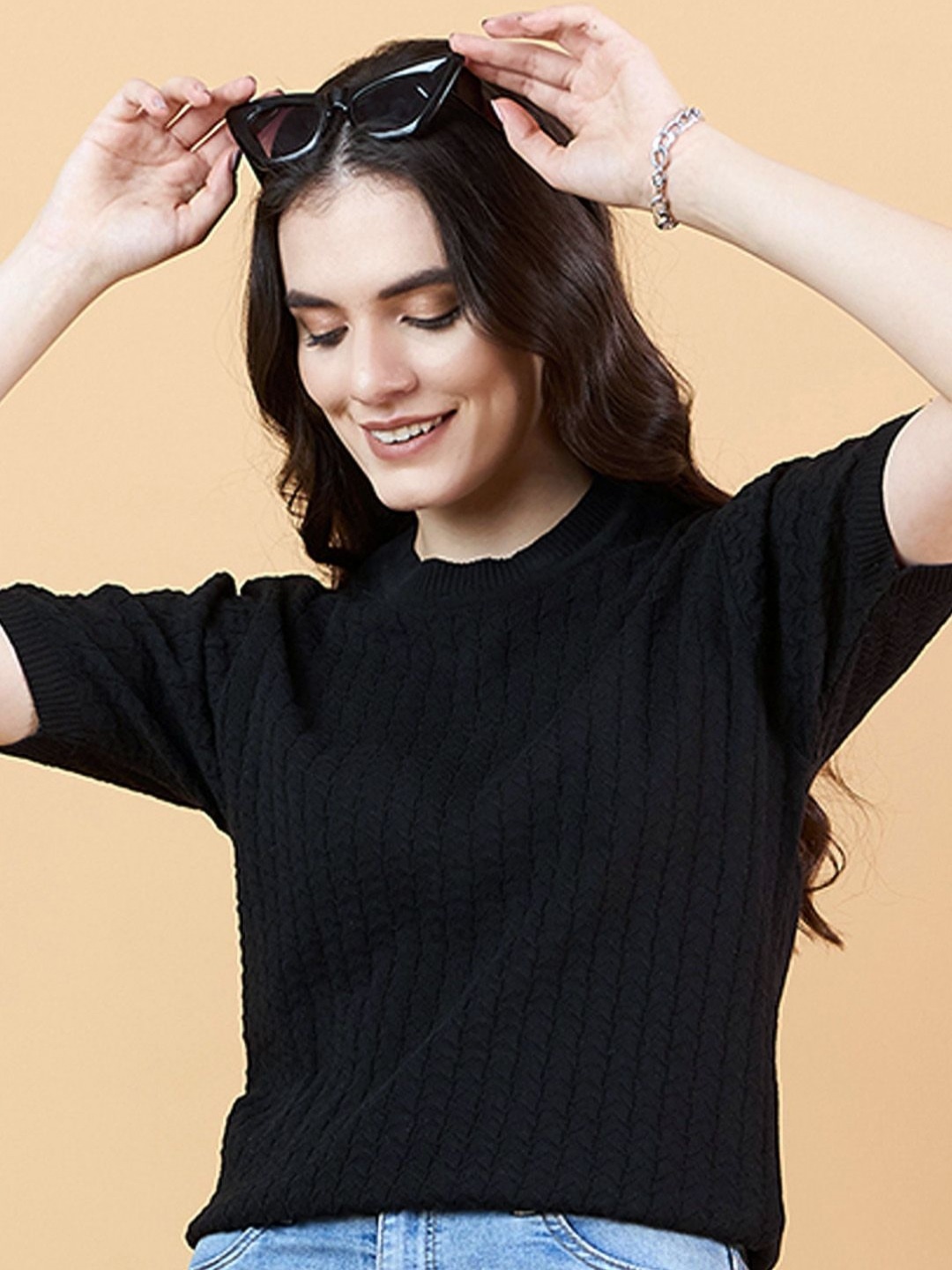 

CLAPTON Women Anti Static Self Design Round Neck Wool T-shirt, Black