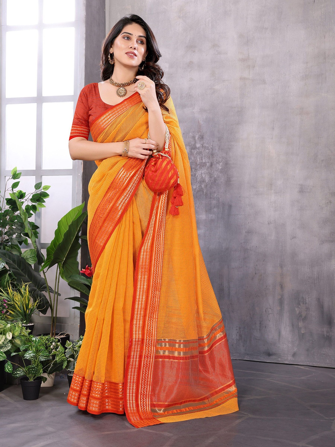 

Sidhidata Checked Zari Silk Kota Saree, Yellow