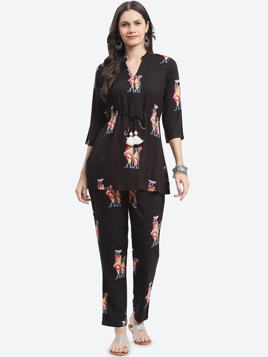 

Kurti's by Menka Quirky Printed Mandarin Collar Top With Trouser, Black