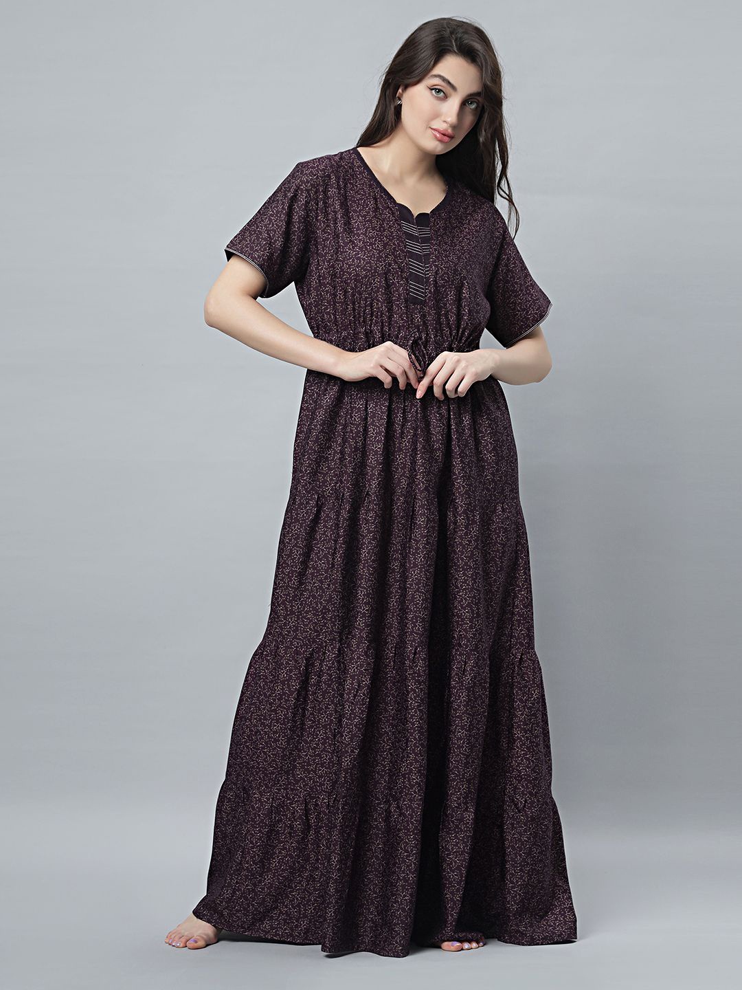 

QUIRA Women Ethnic Motifs Printed Round Neck Short Sleeves Maxi Nightdress, Maroon