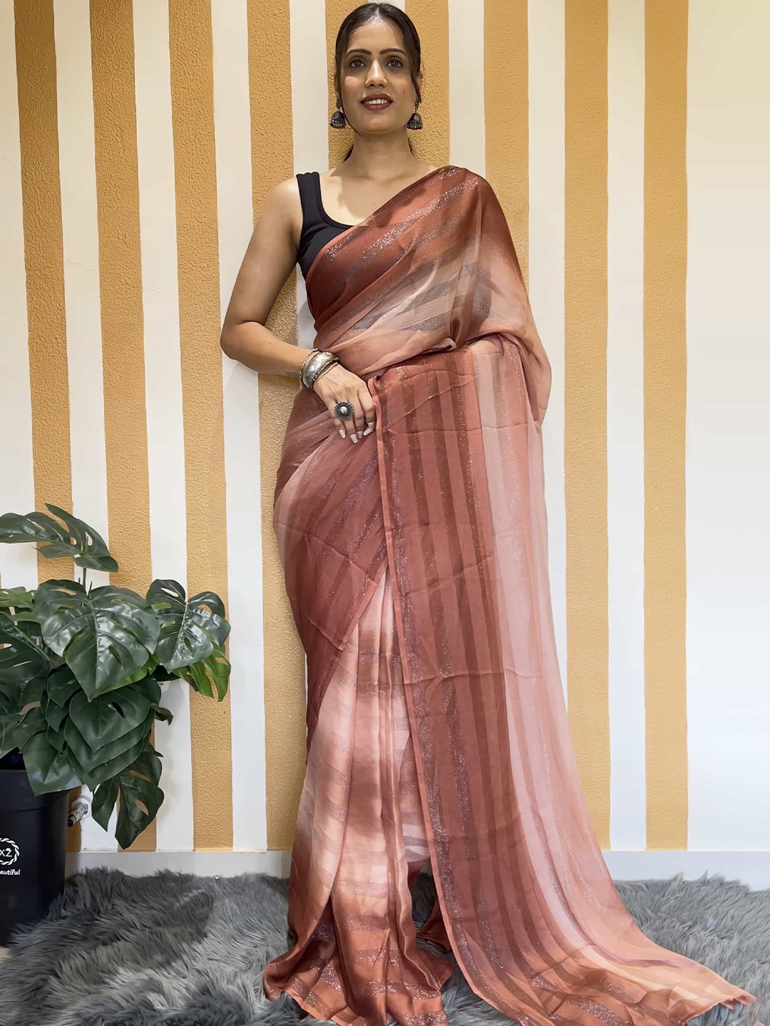 

V3 FASHION STUDIO Ombre Pure Chiffon Ready to Wear Jamdani Saree, Brown