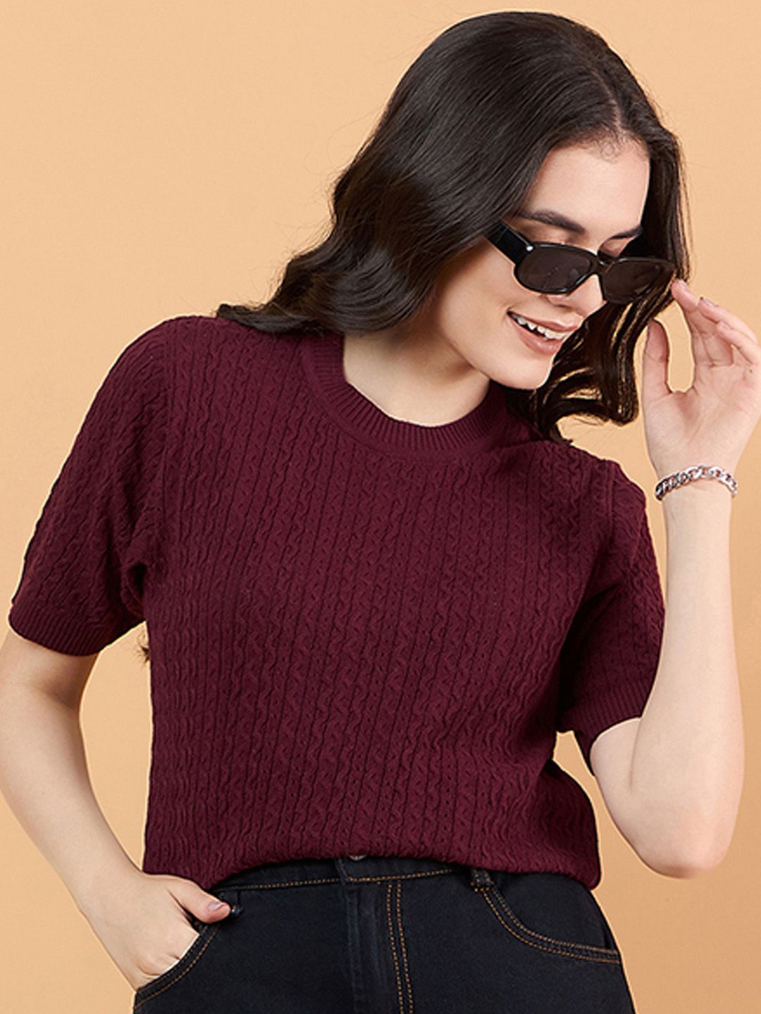 

CLAPTON Women Anti Static Solid Round Neck Wool T-shirt, Maroon