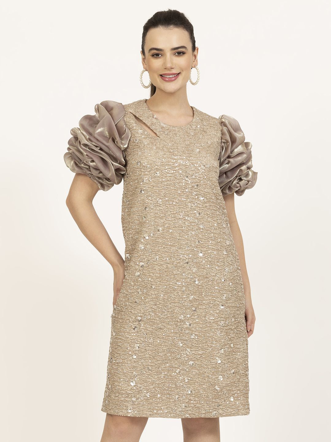 

OFFICE & YOU Women Embellished A-Line Above Knee Dress, Beige