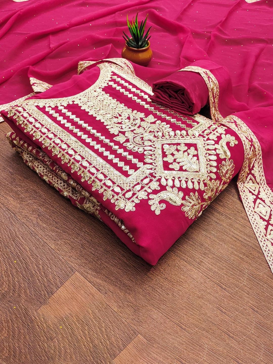 

KALINI Floral Embroidered Sequinned Unstitched Dress Material, Pink