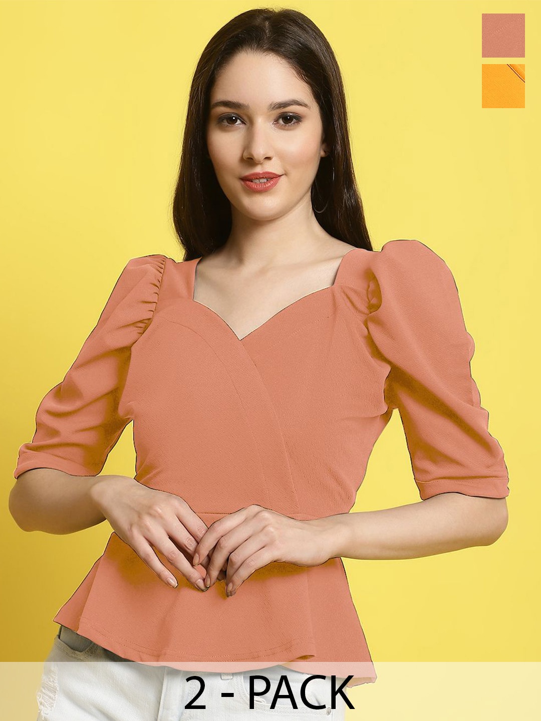 

Metronaut Women Pack Of 2 Puff Sleeves Crop Top, Peach