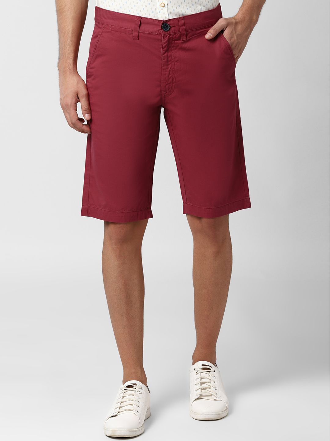 

Peter England Casuals Men Solid Cotton Mid-Rise Shorts, Maroon