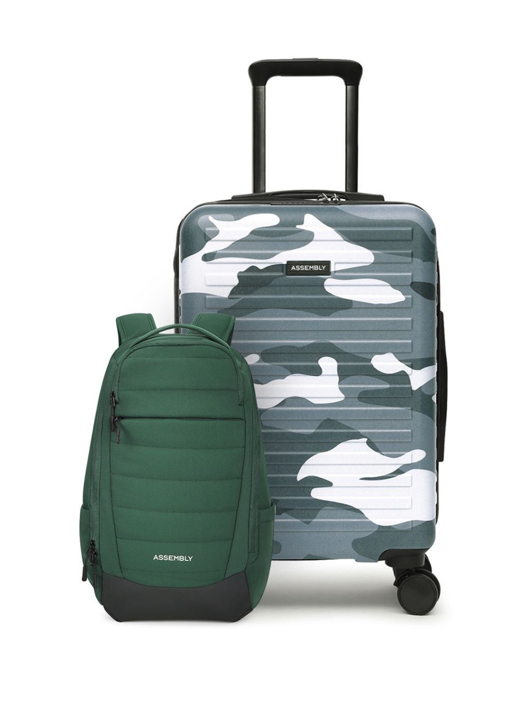 

Assembly Set of 2 Camo Printed Hard Sided Cabin Trolley Bag With Backpack, Green