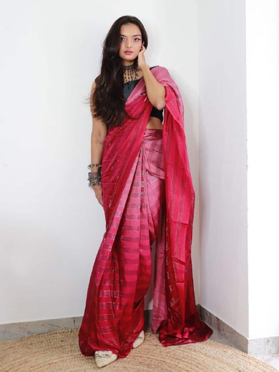 

V3 FASHION STUDIO Women Pure Chiffon Ready to Wear Saree, Pink