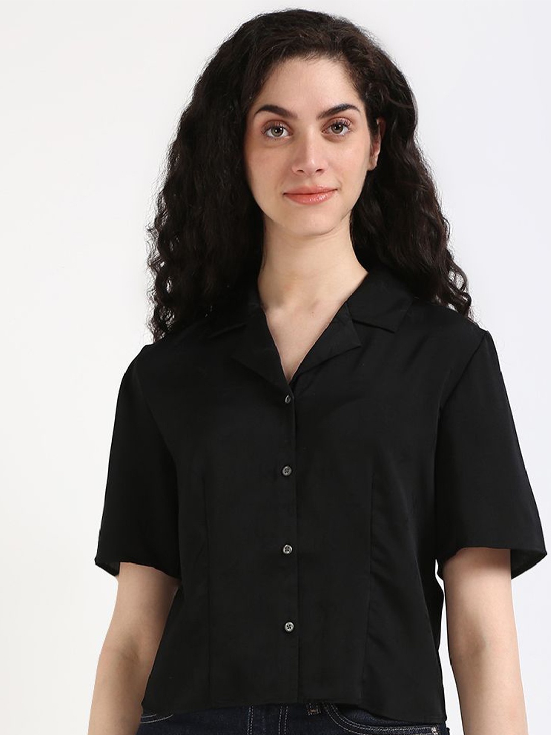 

Calvin Klein Jeans Women Cuban Collar Solid Boxy Casual Shirt, Black