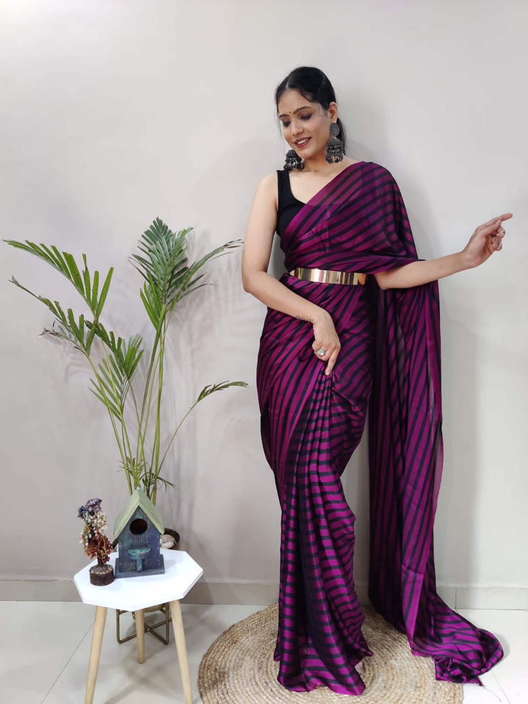 

V3 FASHION STUDIO Striped Satin Ready to Wear Jamdani Saree, Purple