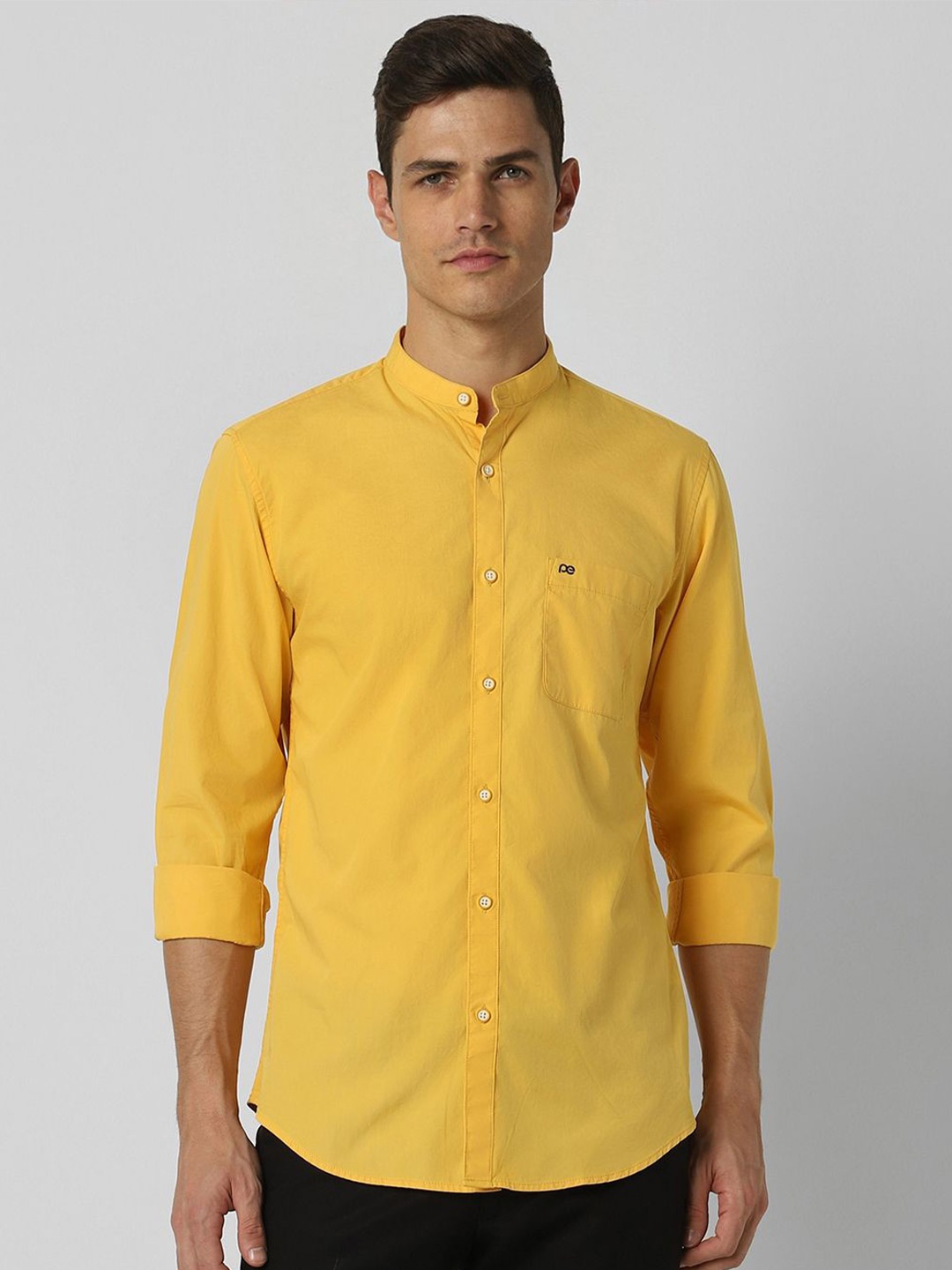 

Peter England Casuals Men Band Collar Solid Cotton Slim Fit Casual Shirt, Mustard