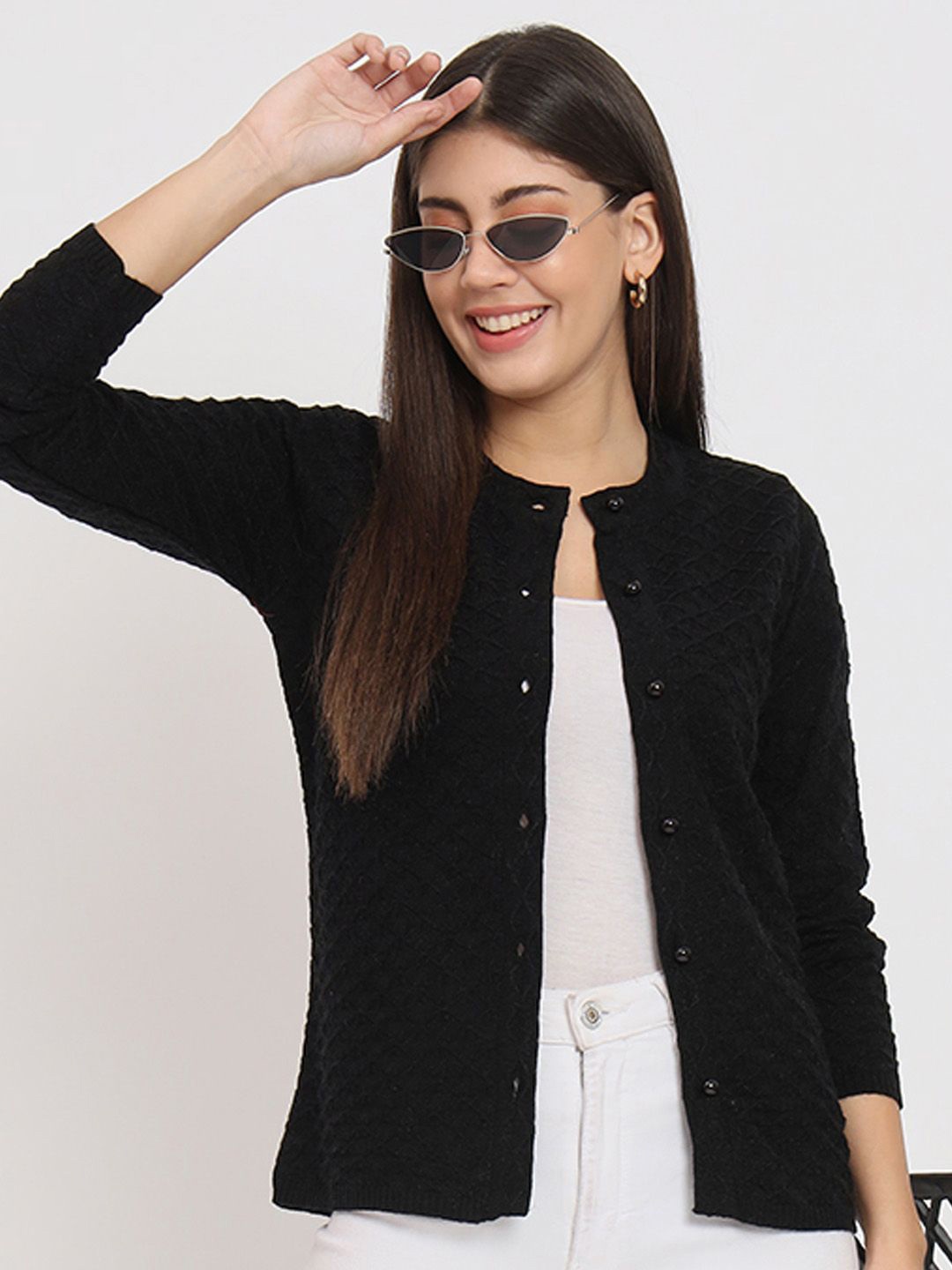 

CLAPTON Women Cable Knit Woollen Cardigan, Black