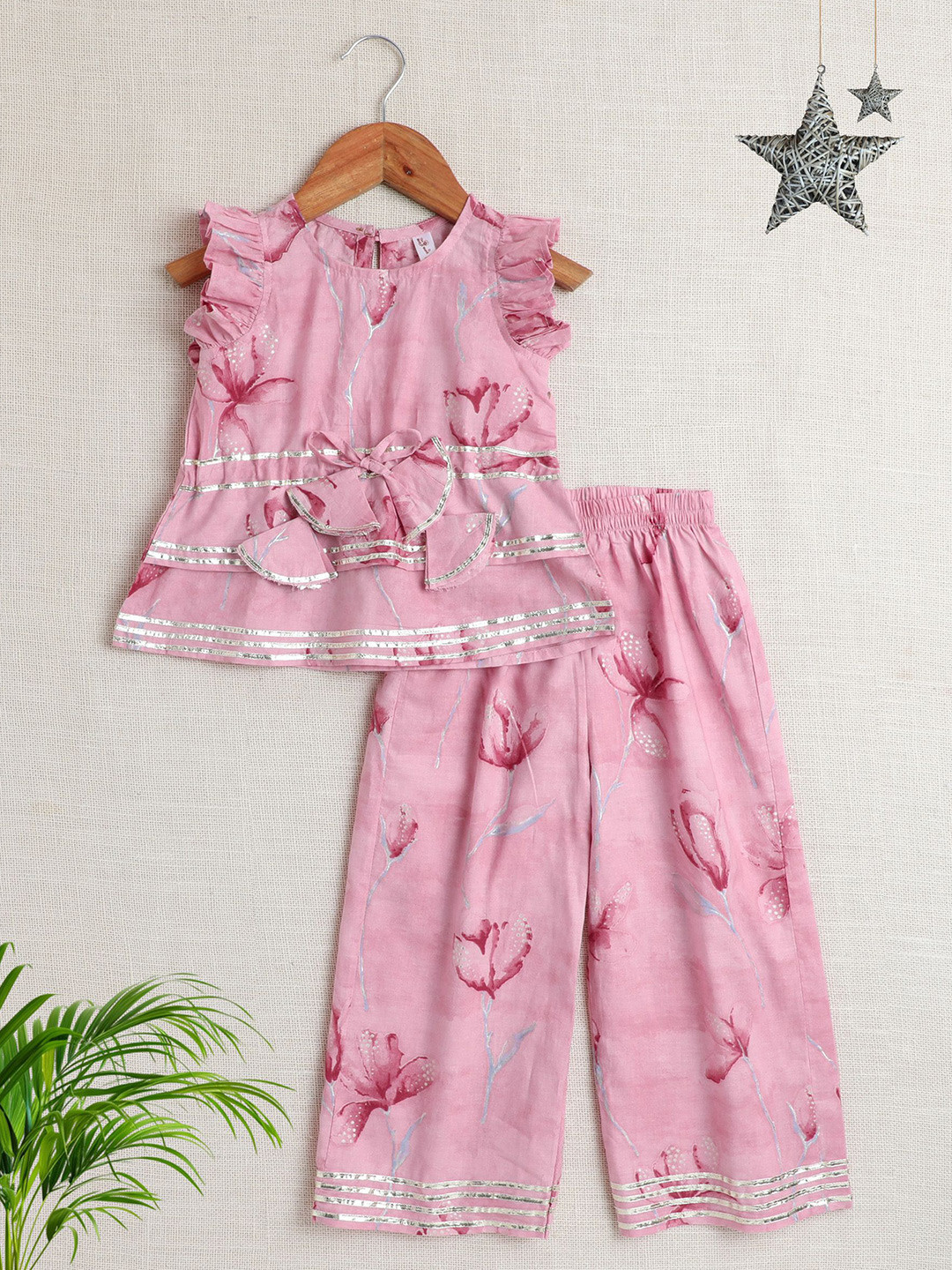 

The Magic Wand Girls Printed Pure Cotton Top with Trousers, Pink