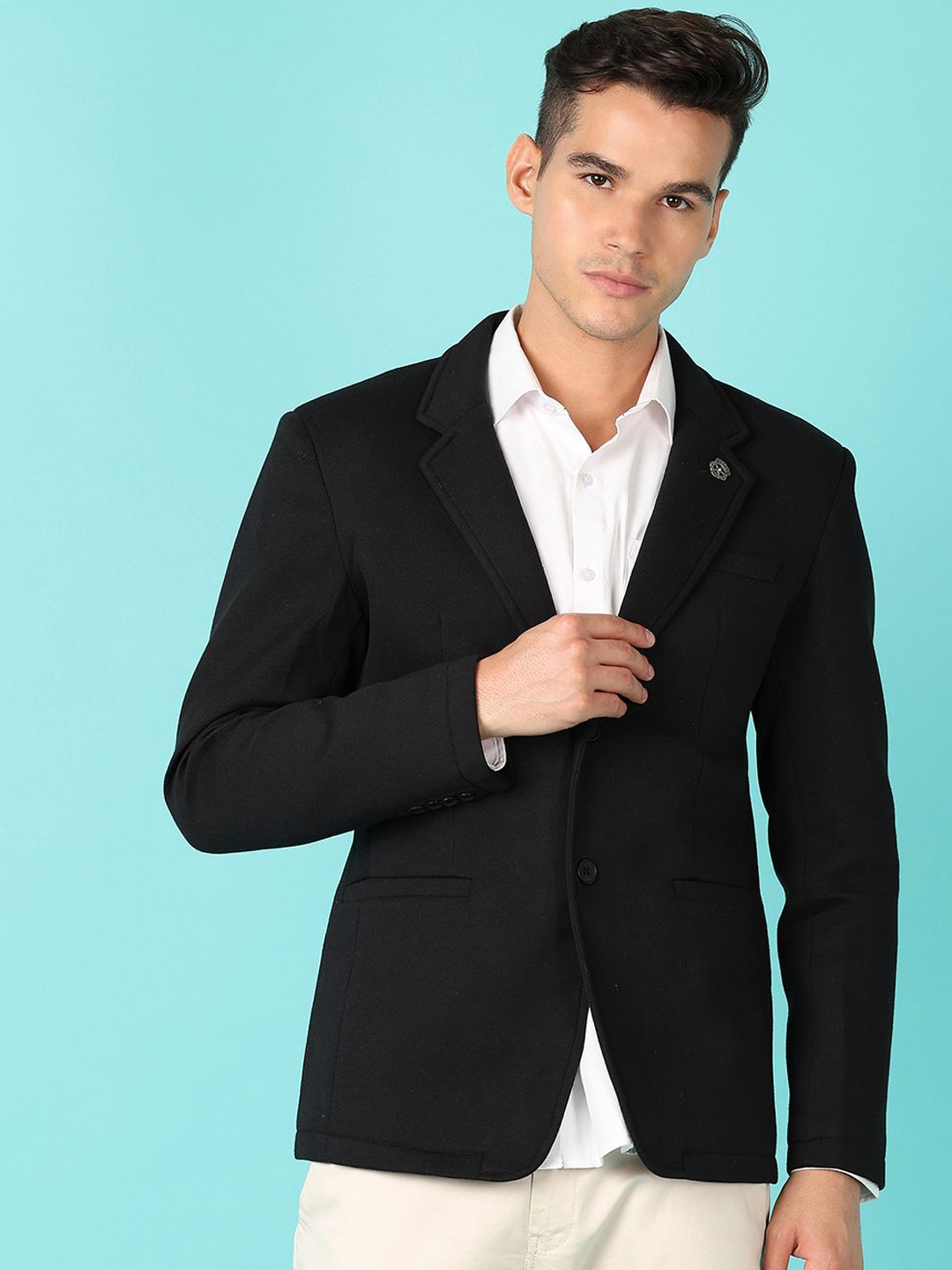 

V-Mart Notched Lapel Collar Cotton Single-Breasted Blazer, Black