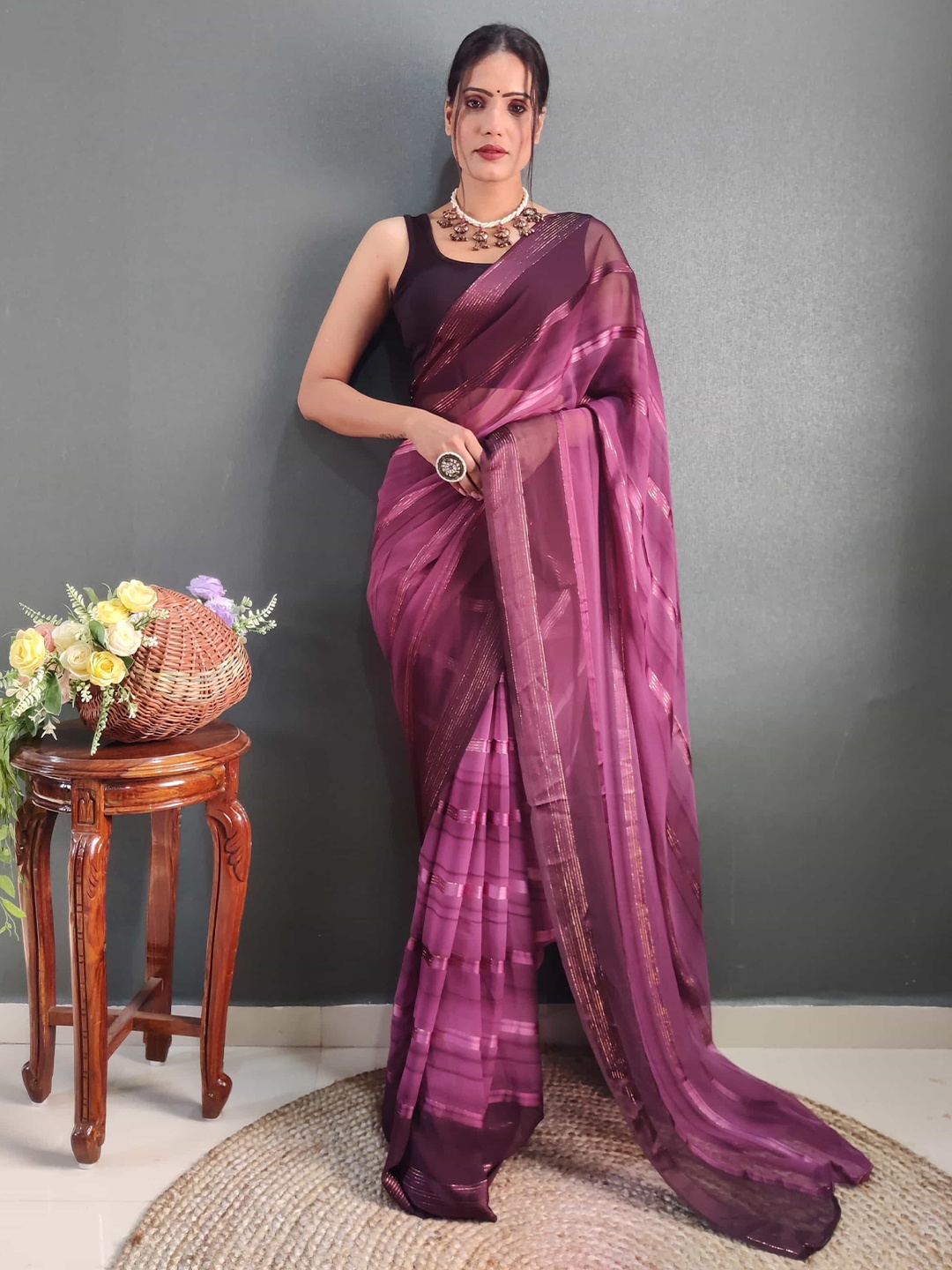 

V3 FASHION STUDIO Striped Pure Chiffon Ready to Wear Saree, Purple