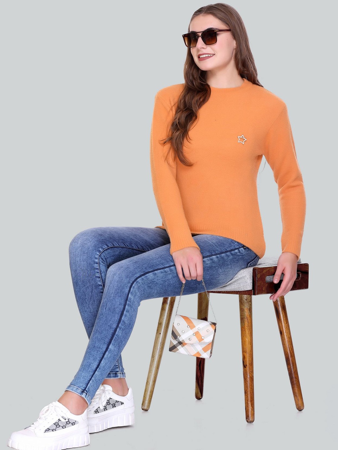 

Melvin Women Woollen Self Design Round Neck Pullover Sweater, Orange