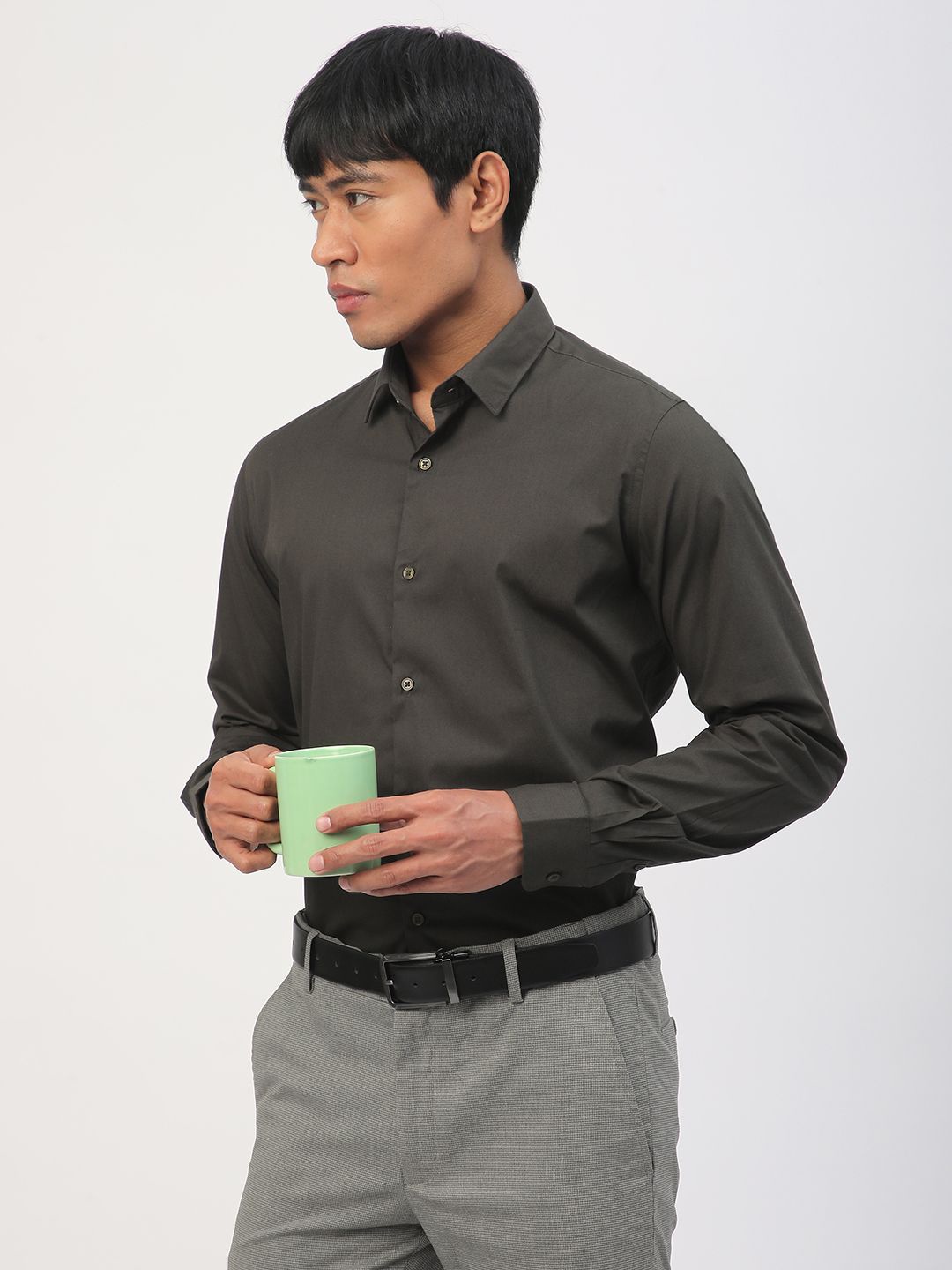 

R&B Men Standard Spread Collar Solid Cotton Slim Fit Formal Shirt, Grey