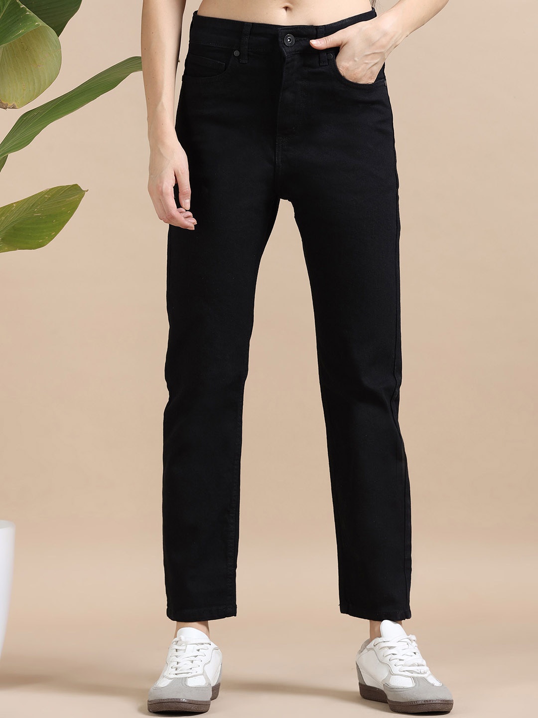 

Mast & Harbour Women Comfort Straight Fit High-Rise Stretchable Jeans, Black