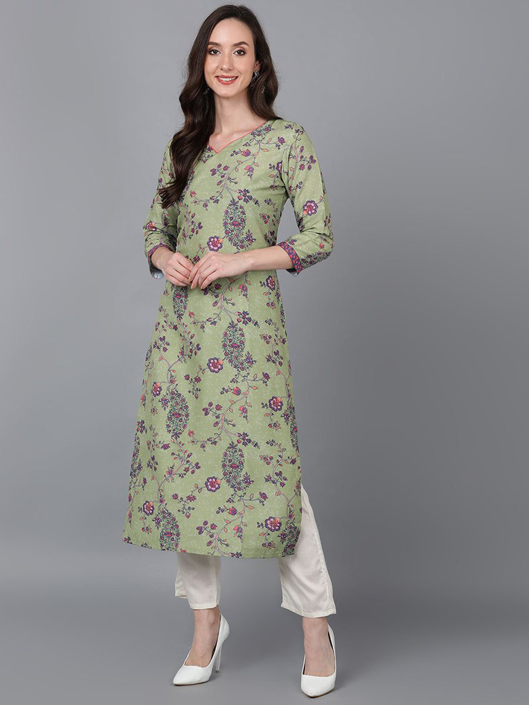

AHIKA Floral Printed Silk Straight Kurta, Green